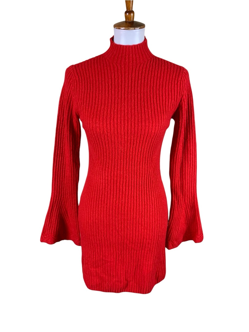 Abercrombie And Fitch Red Ribbed Mock Neck Bell Sleeve Mini Sweater Dress S - Picture 2 of 5